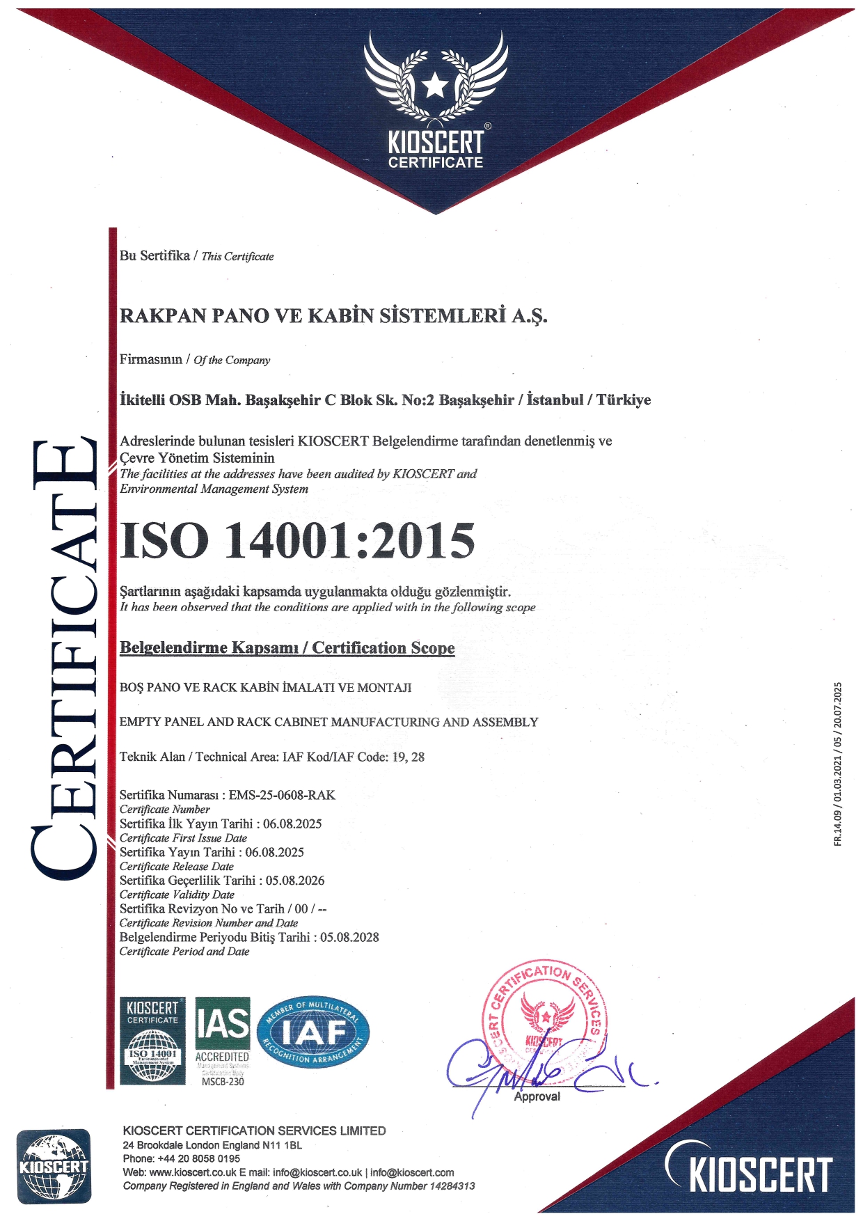 Rakpan Pano A.Ş. - ISO 14001-2015 Belgesi