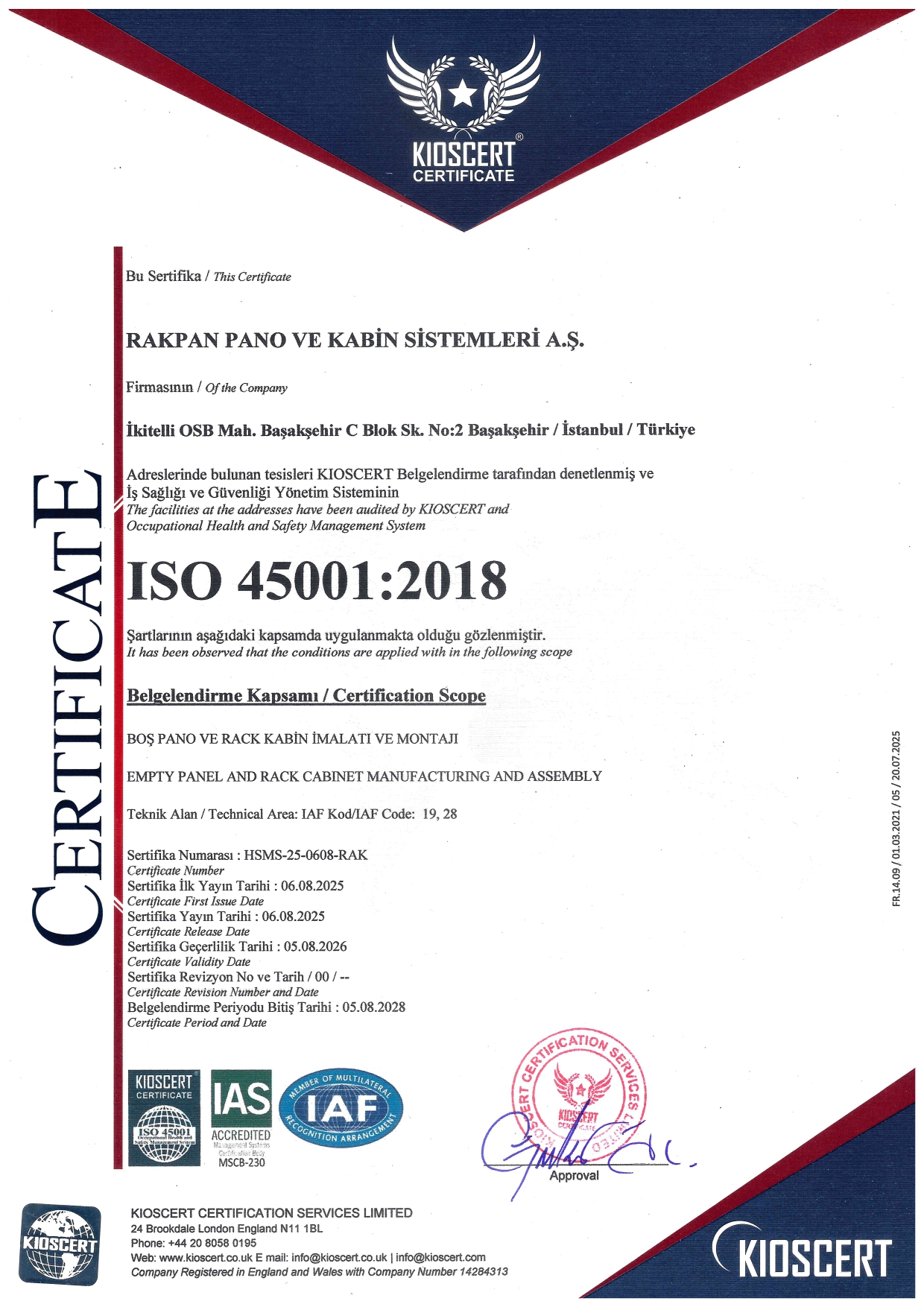 Rakpan Pano A.Ş. - ISO 45001-2018 Belgesi